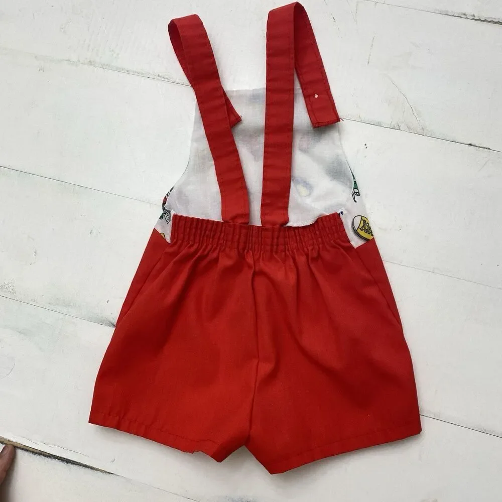VTG Montgomery Ward Lightweight Red Shortalls Romper  12 Months Shoe Print